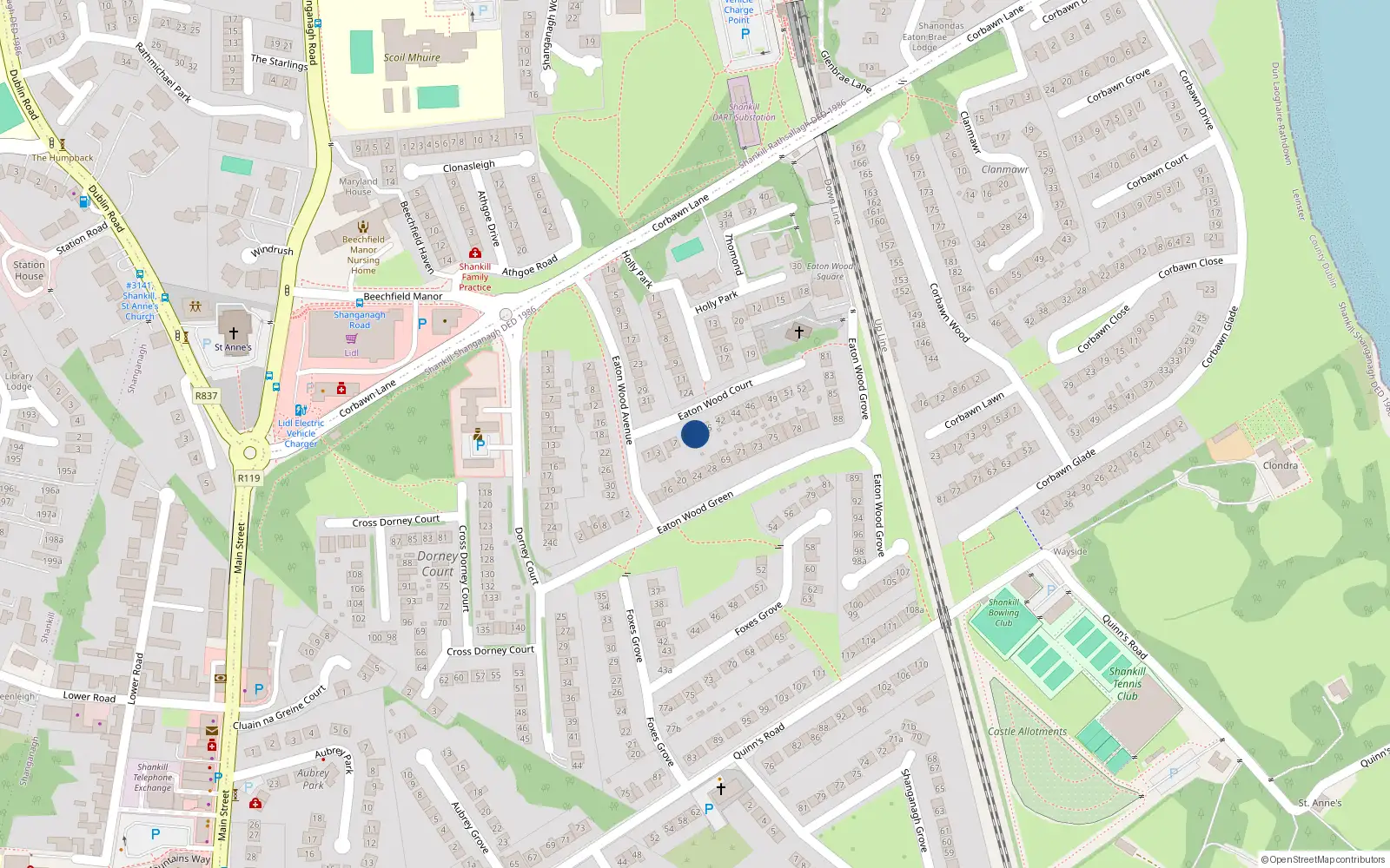 Overhead map showing the location of 9 Eaton Wood Court, Shankill