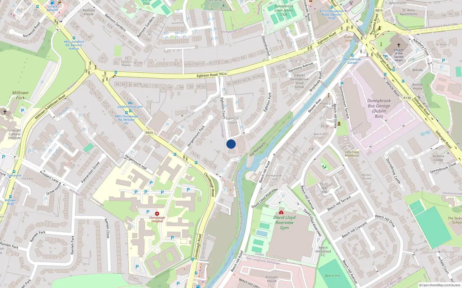 Overhead map showing the location of 9 Eglinton Court, Donnybrook