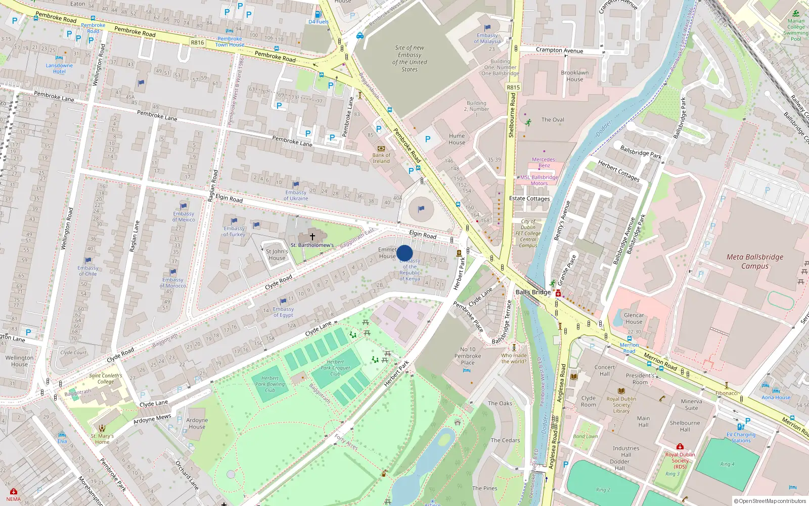 Overhead map showing the location of 9 Elgin Road, Dublin 4