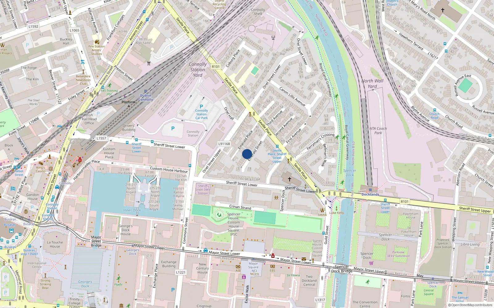 Overhead map showing the location of 9 Emerald St, Off Seville Place, North Wall