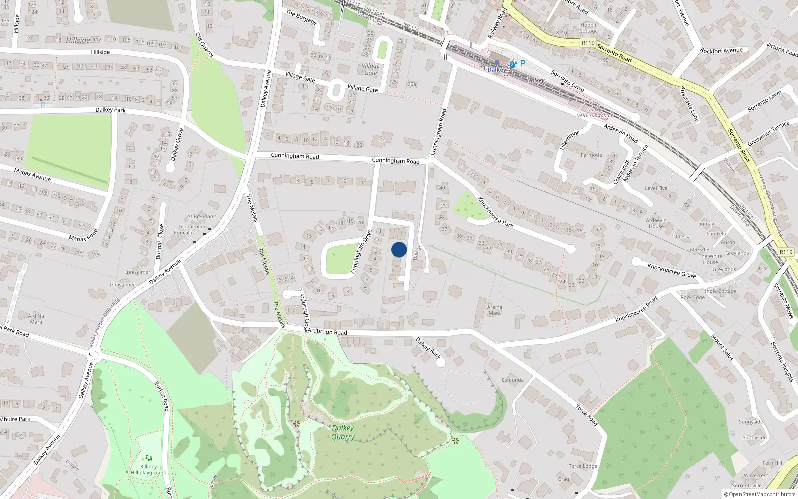 Overhead map showing the location of 9 Enderly, Cunningham Road, Dalkey