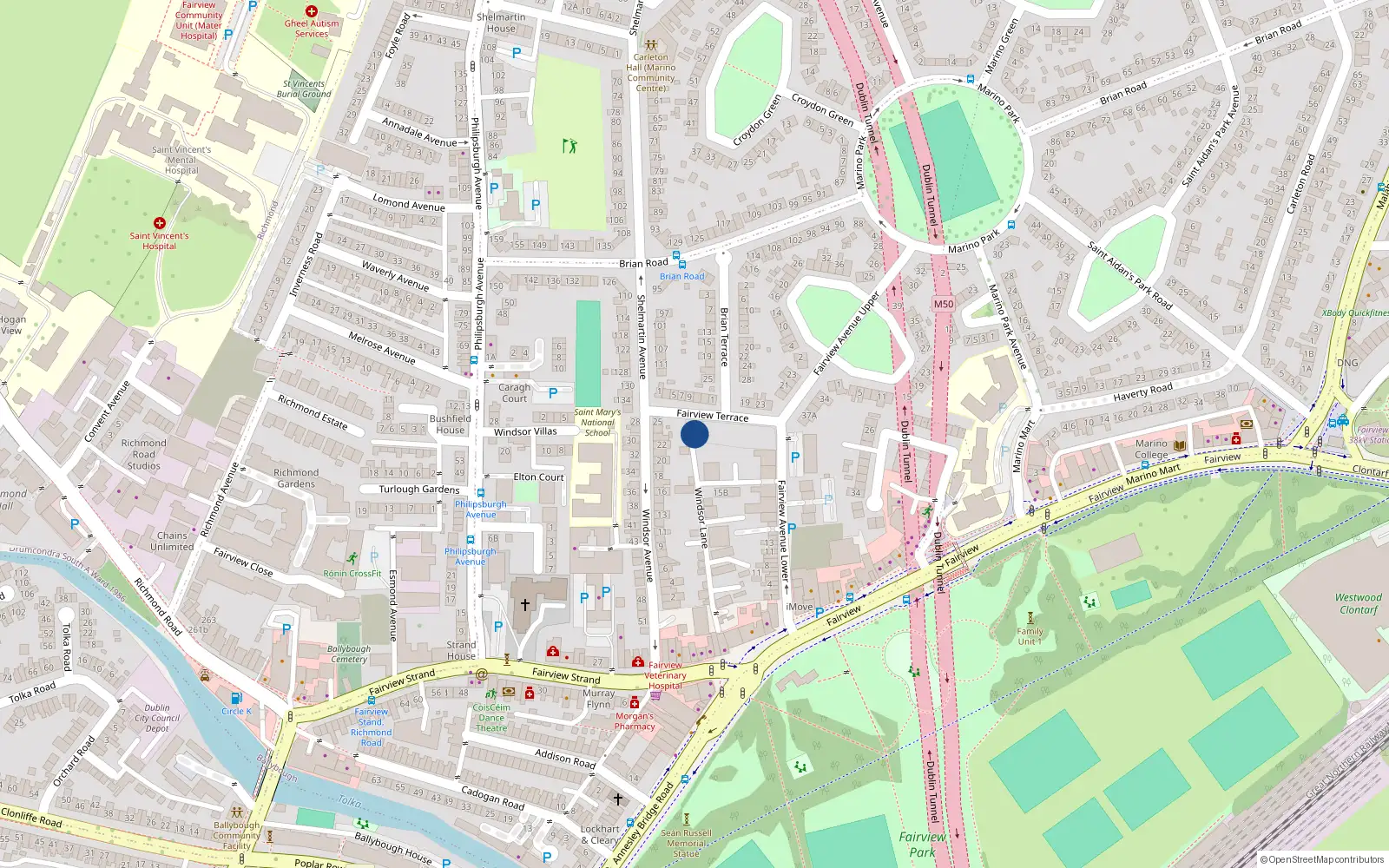 Overhead map showing the location of 9 Fairview Terrace, Dublin 3