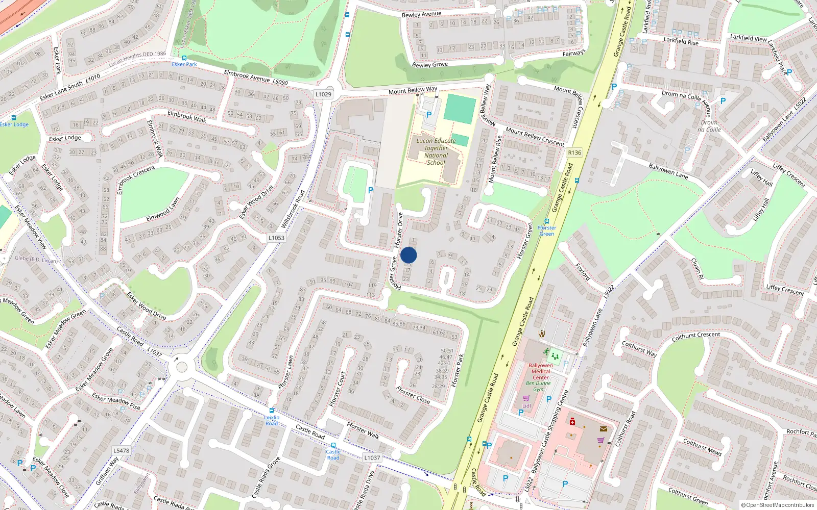 Overhead map showing the location of 9 Fforster Drive, Lucan, Dublin