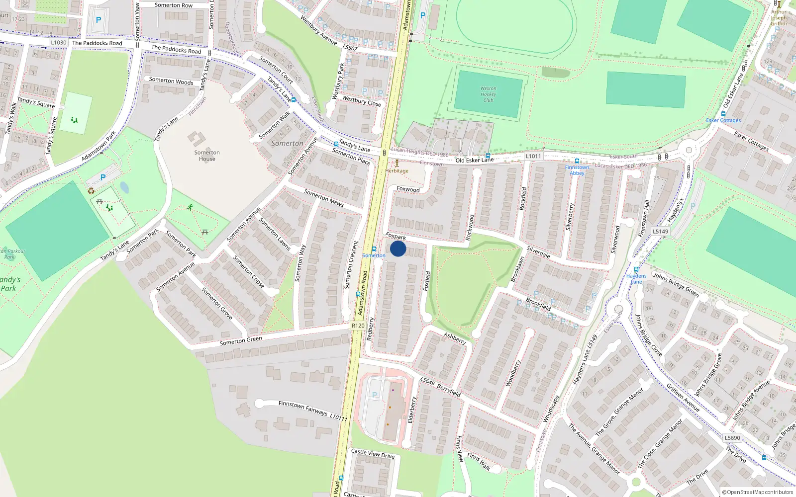 Overhead map showing the location of 9 Fox Park, Finnstown Abbey, Lucan