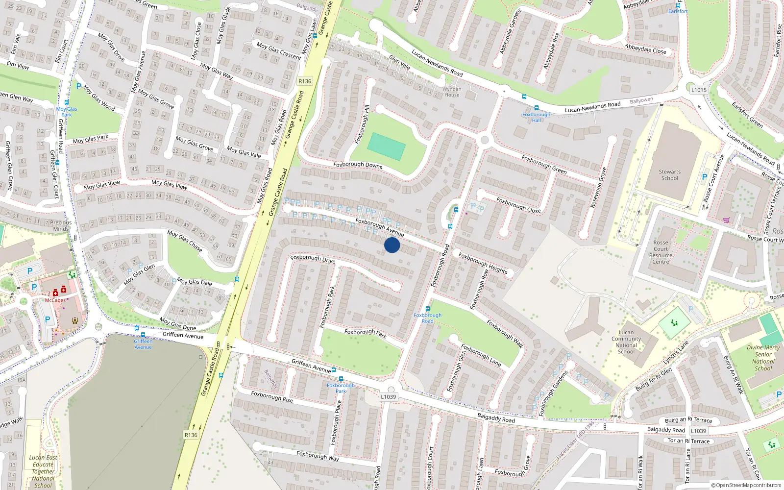 Overhead map showing the location of 9 Foxborough Avenue, Lucan