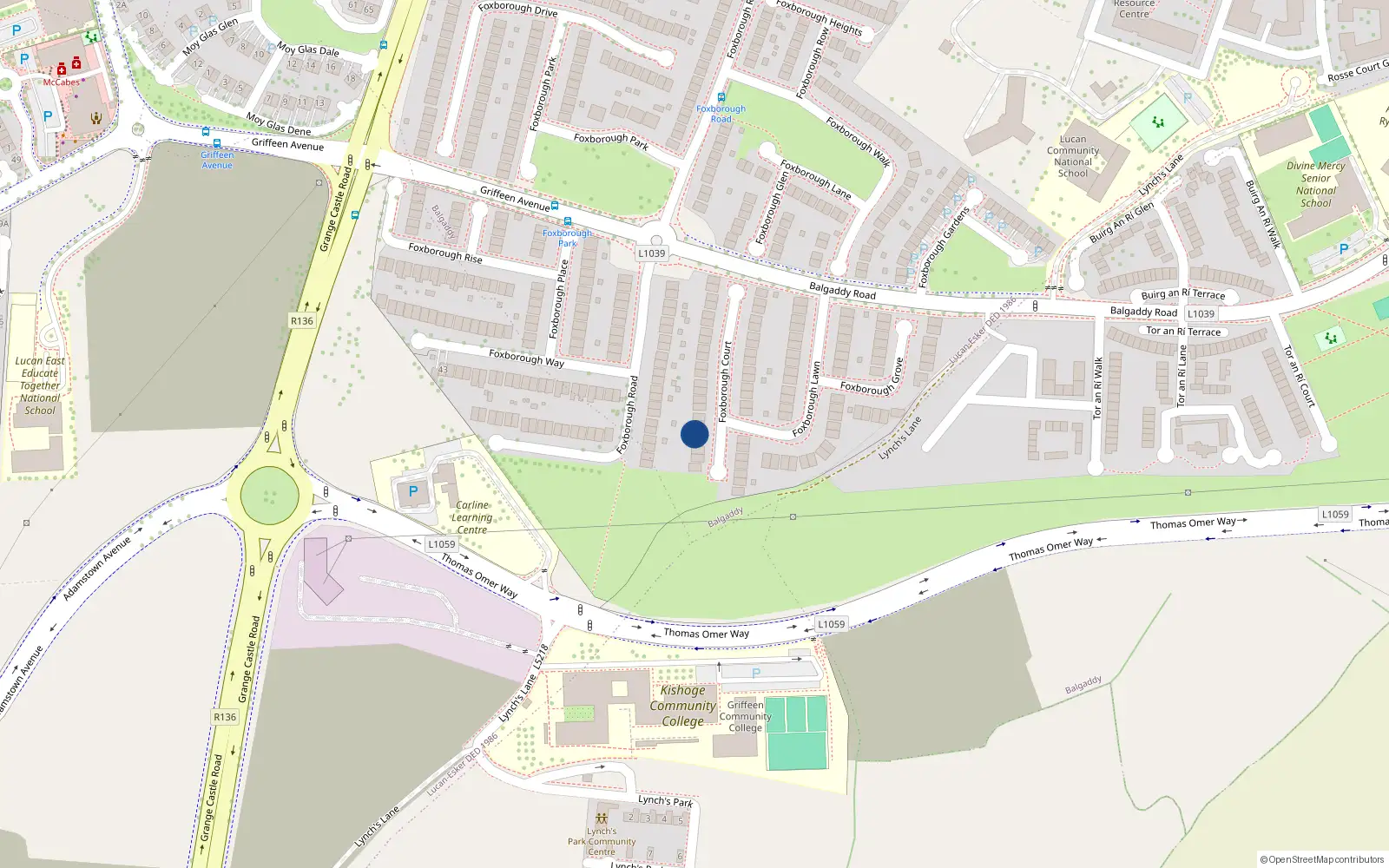 Overhead map showing the location of 9 Foxborough Court, Lucan, Dublin