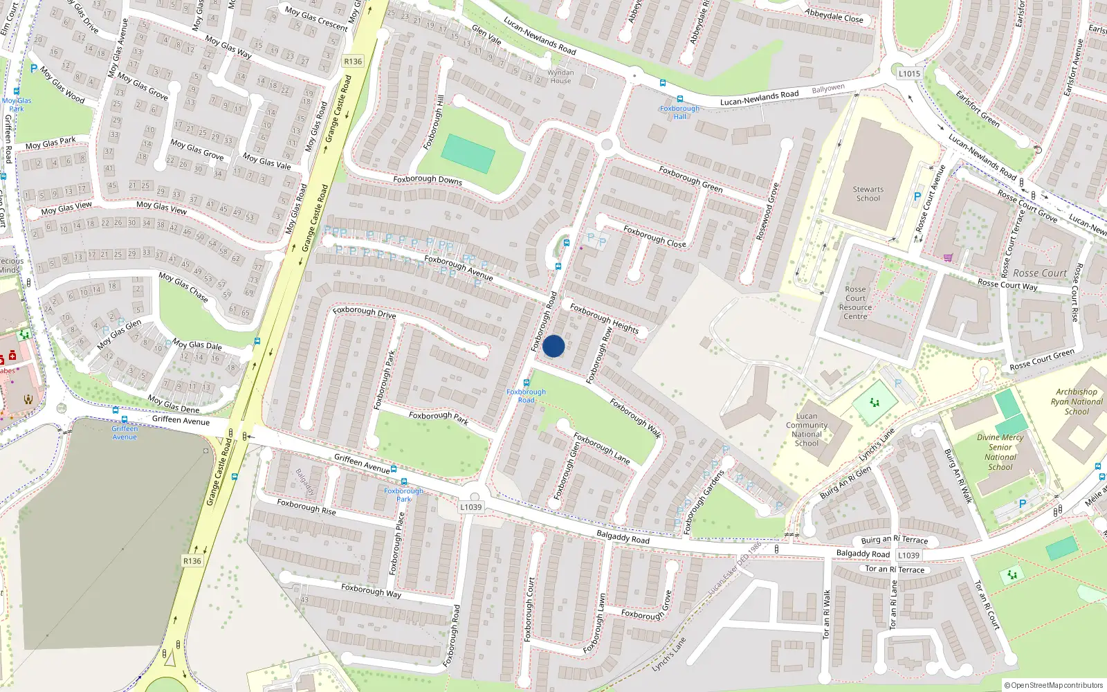 Overhead map showing the location of 9 Foxborough Road, Lucan, Dublin