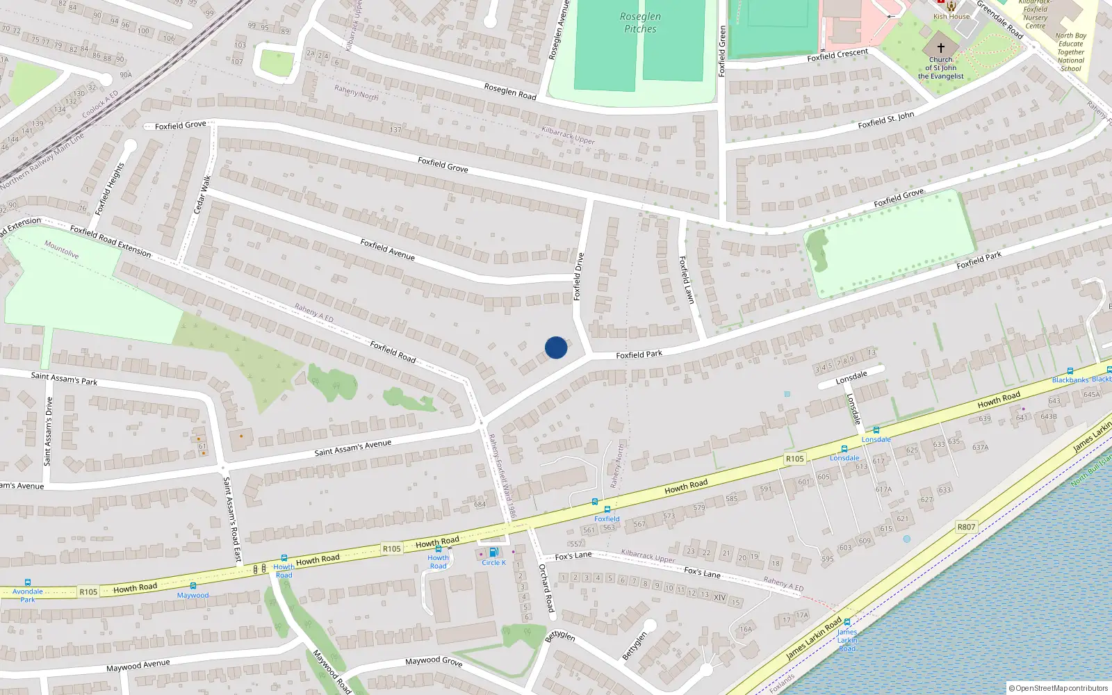Overhead map showing the location of 9 Foxfield Park, Raheny, Dublin 5