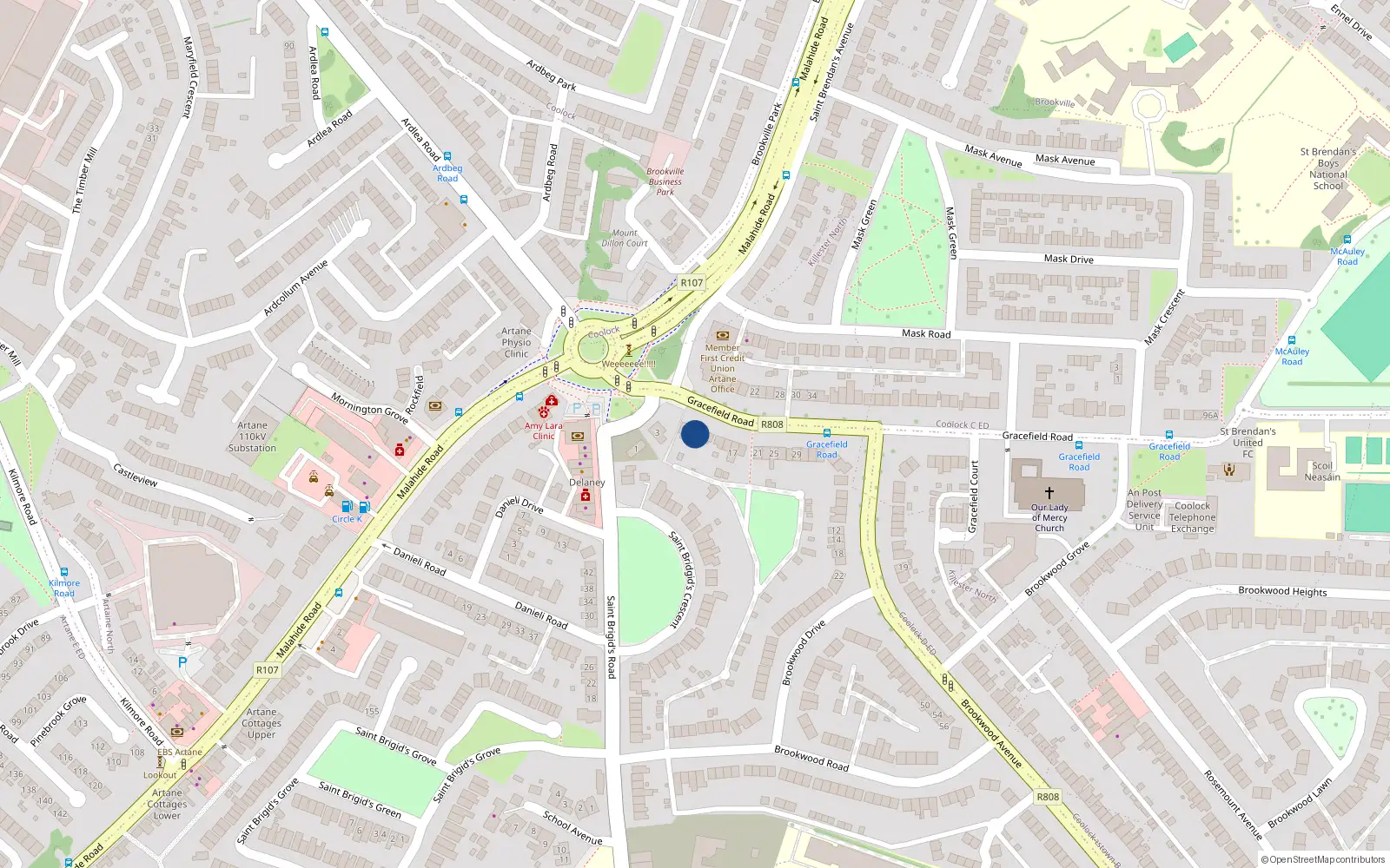 Overhead map showing the location of 9 Gracefield Road, Artane, Dublin 5