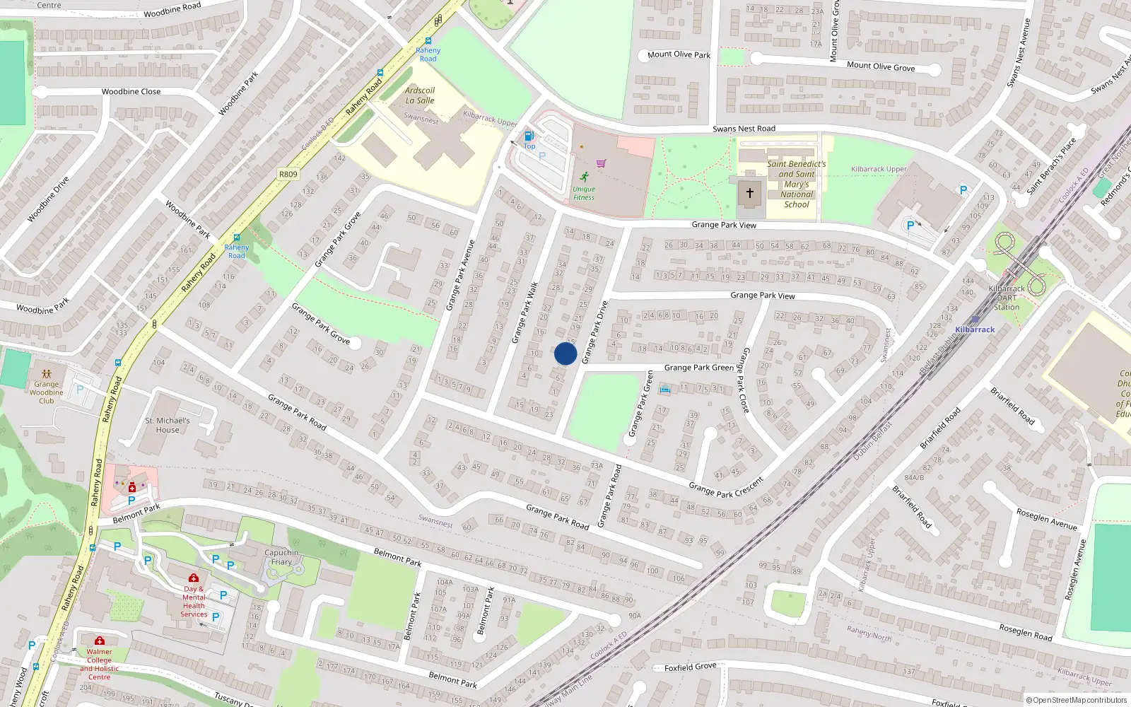 Overhead map showing the location of 9 Grange Park Drive, Dublin 5
