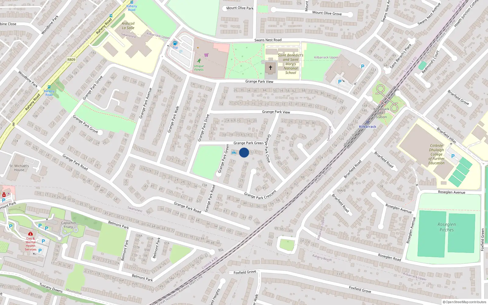 Overhead map showing the location of 9 Grange Park Green, Raheny, Dublin 5