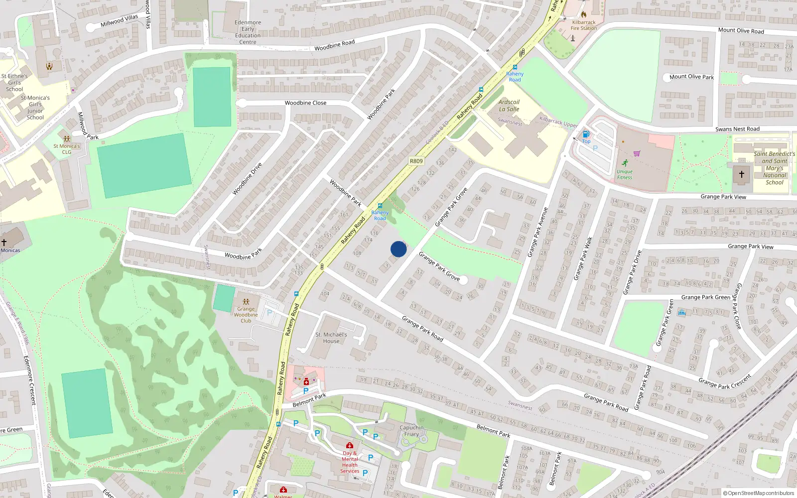 Overhead map showing the location of 9 Grange Park Grove, Raheny, Dublin 5, D05