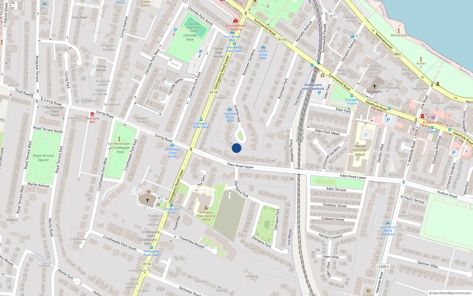 Overhead map showing the location of 9 Granite Hall, Dun Laoghaire