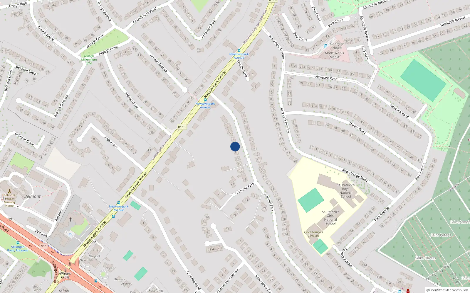 Overhead map showing the location of 9 Granville Park, Blackrock, Dublin