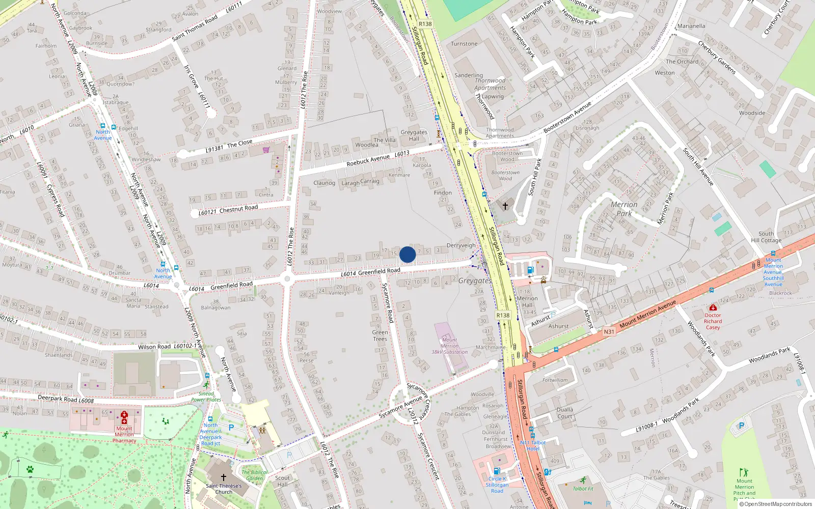 Overhead map showing the location of 9 Greenfield Road, Mount Merrion, Co Dublin