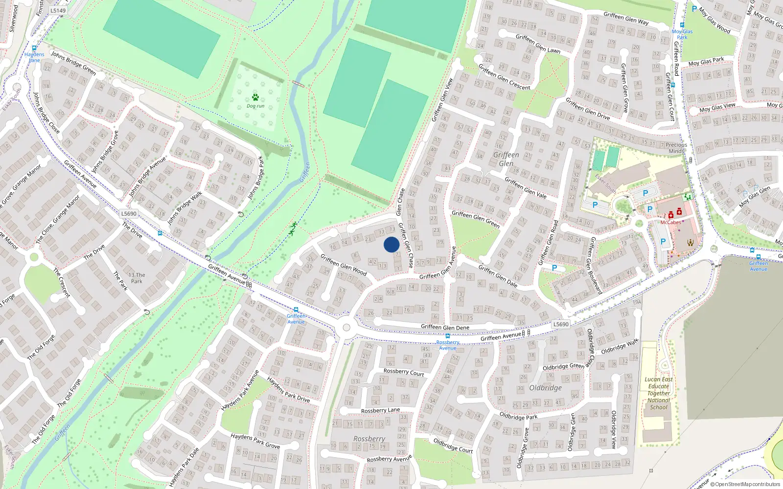 Overhead map showing the location of 9 Griffeen Glen Chase, Lucan