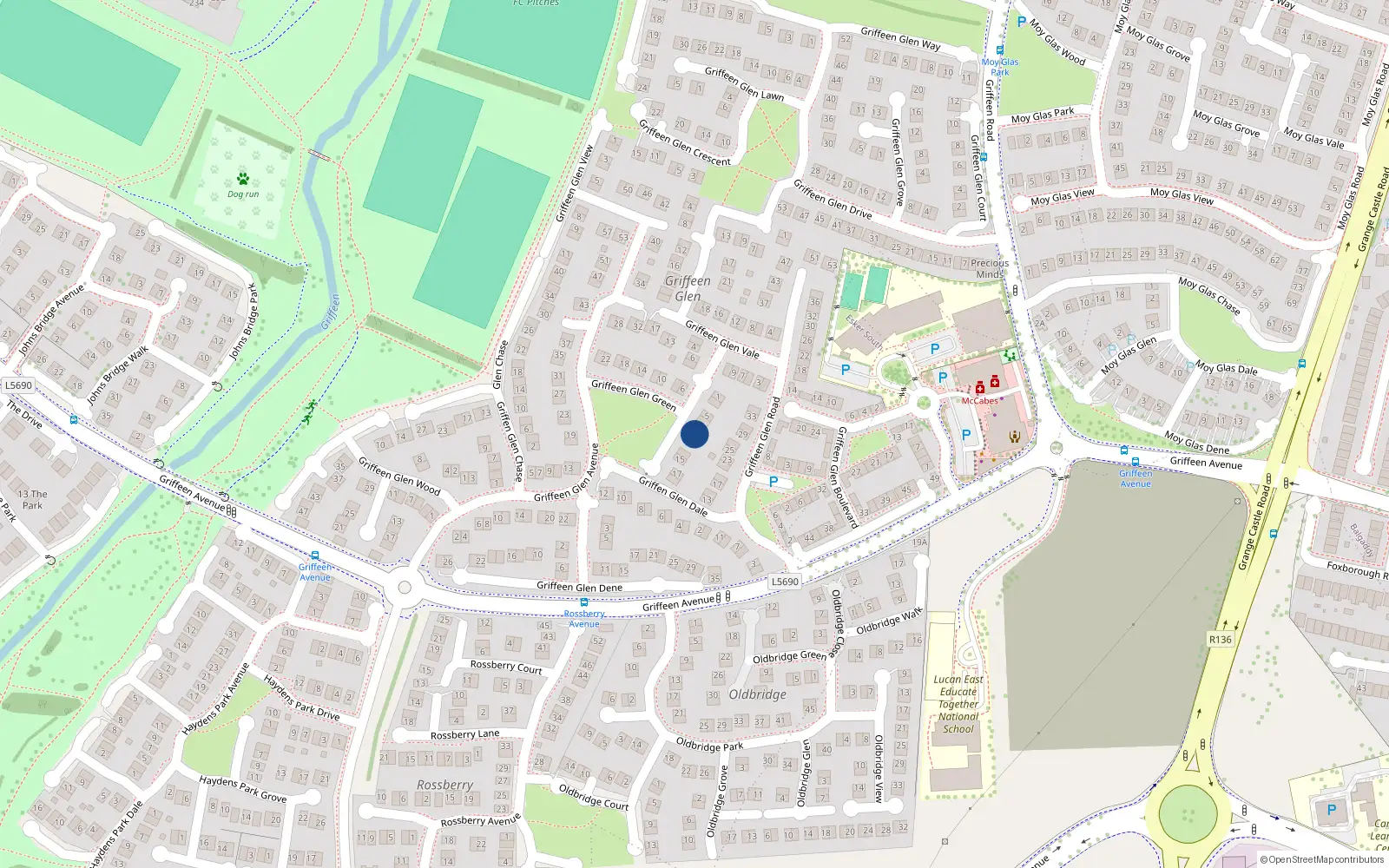 Overhead map showing the location of 9 Griffeen Glen Green, Lucan