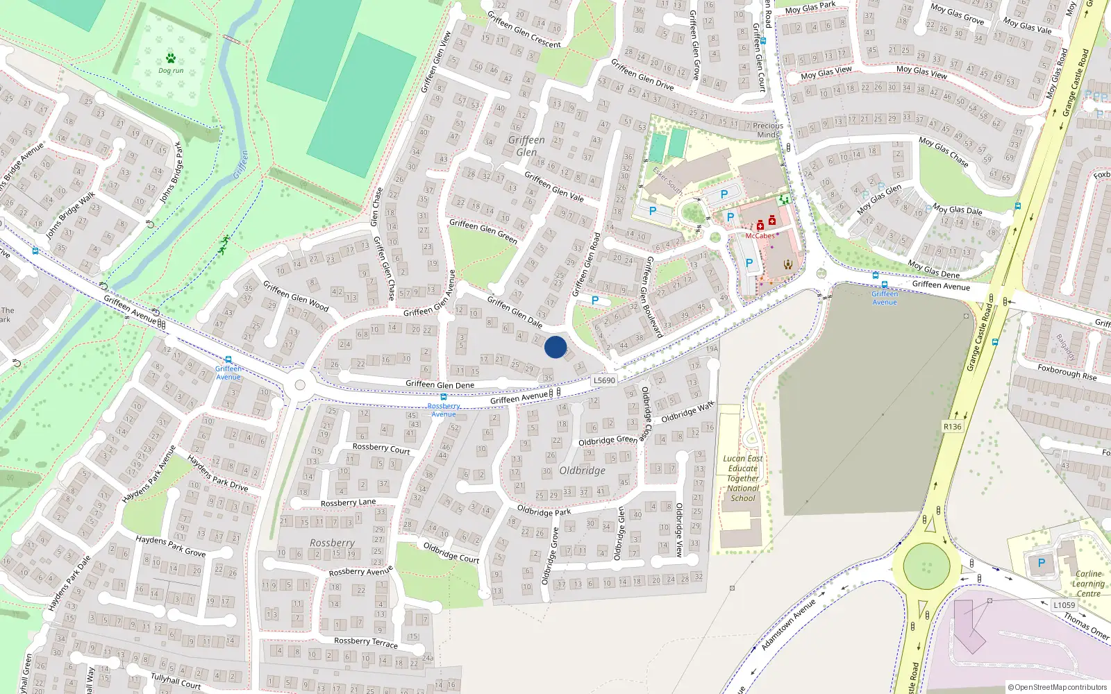 Overhead map showing the location of 9 Griffeen Glen Road, Lucan, Co Dublin