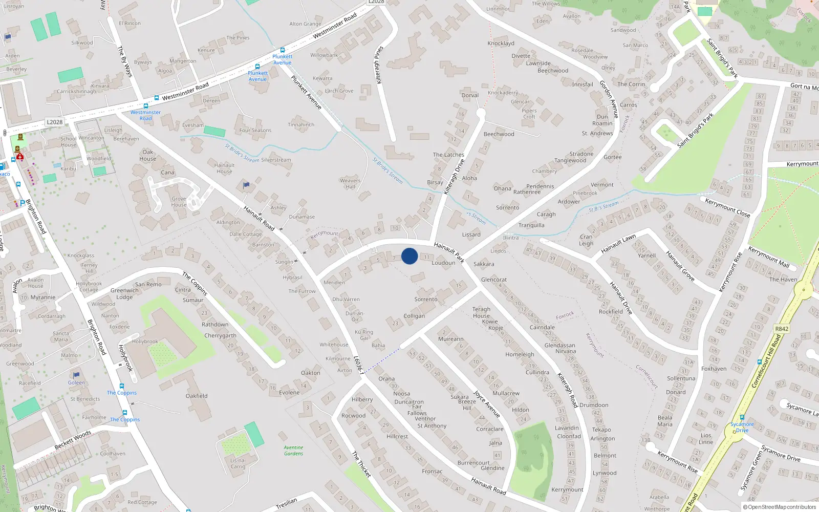 Overhead map showing the location of 9 Hainault Park, Dublin 18