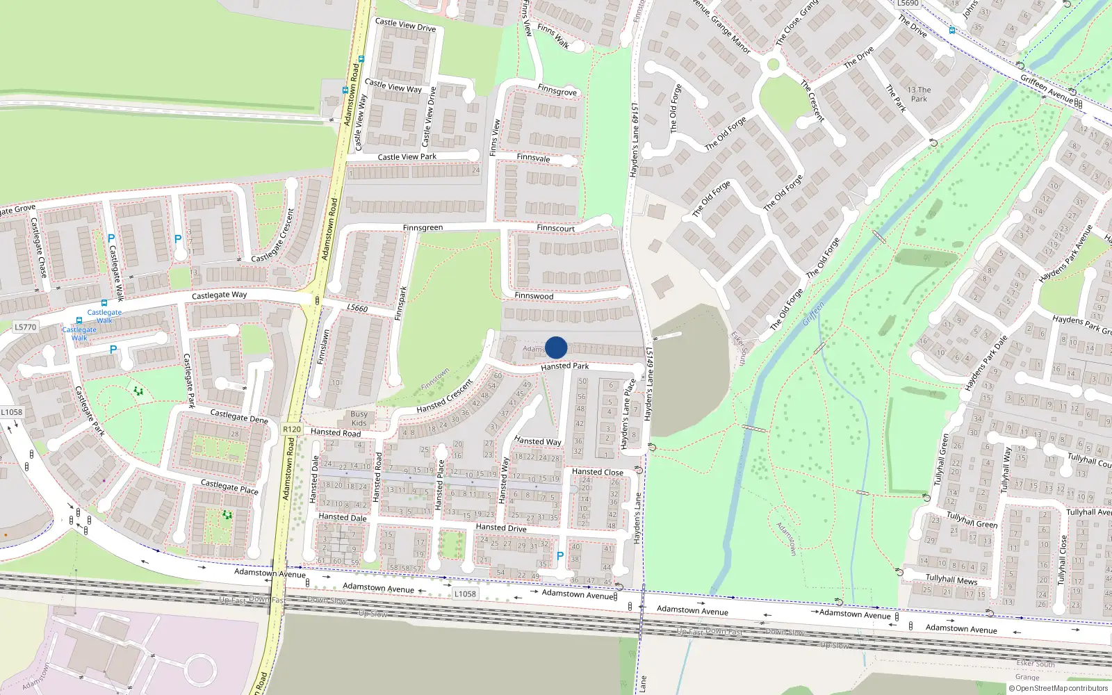 Overhead map showing the location of 9 Hanstead Park, Lucan