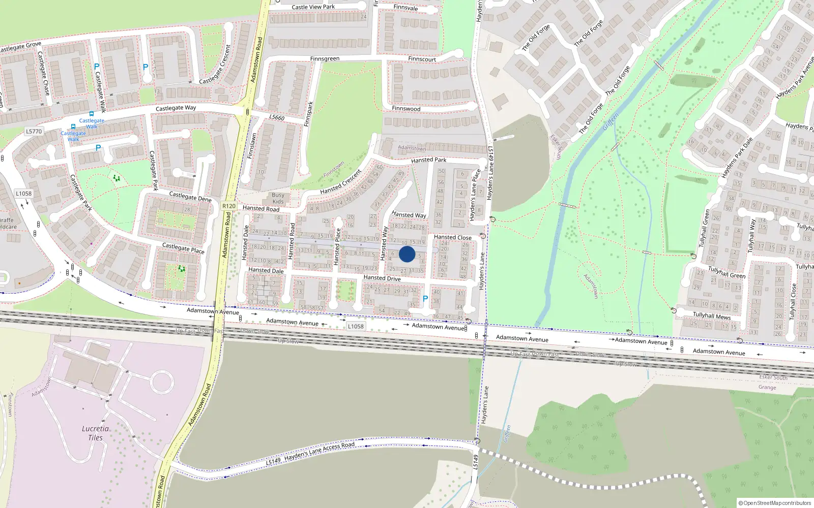 Overhead map showing the location of 9 Hansted Close, Finnstown, Lucan