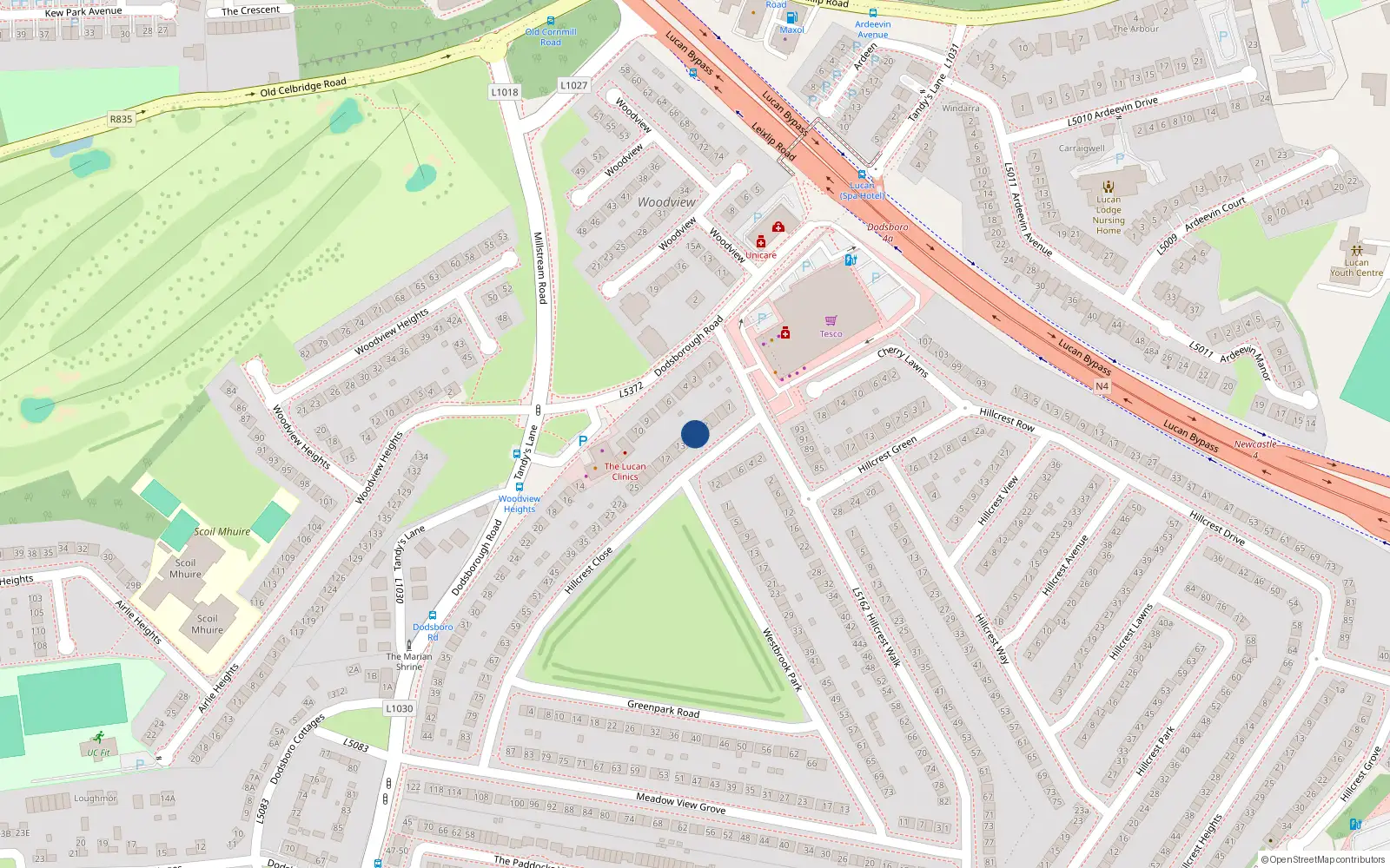 Overhead map showing the location of 9 Hillcrest Close, Lucan, Dublin