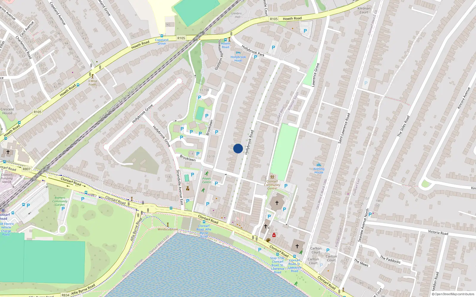 Overhead map showing the location of 9 Hollybrook Road, Dublin 3