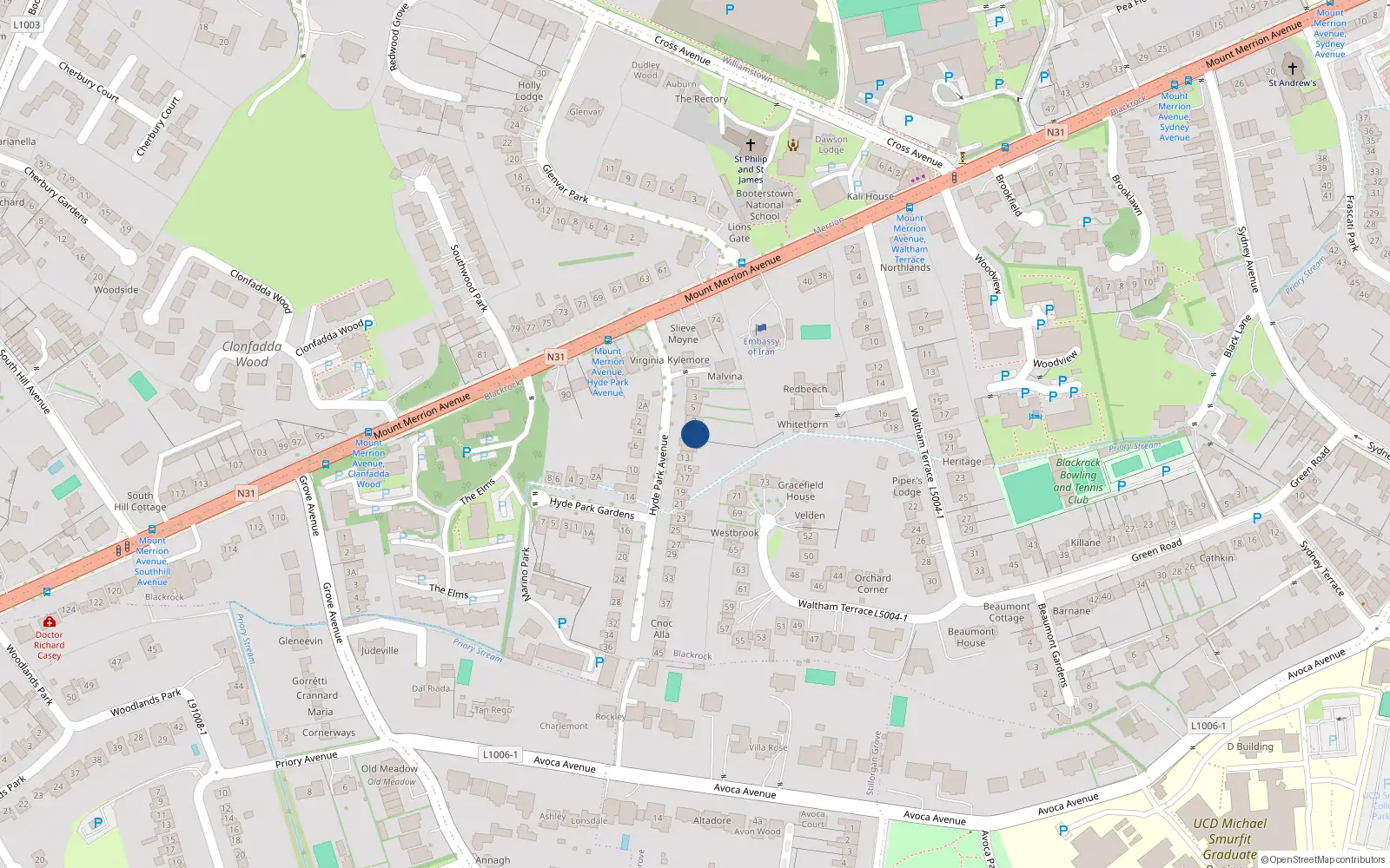 Overhead map showing the location of 9 Hyde Park Avenue, Blackrock