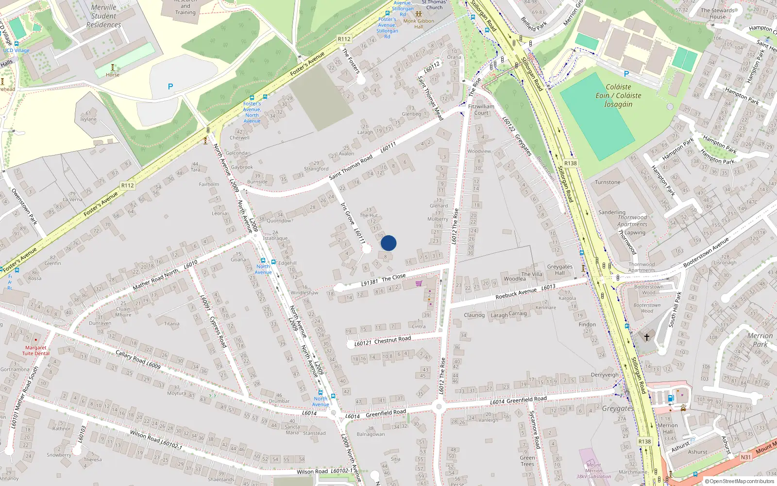 Overhead map showing the location of 9 Iris Grove, Blackrock