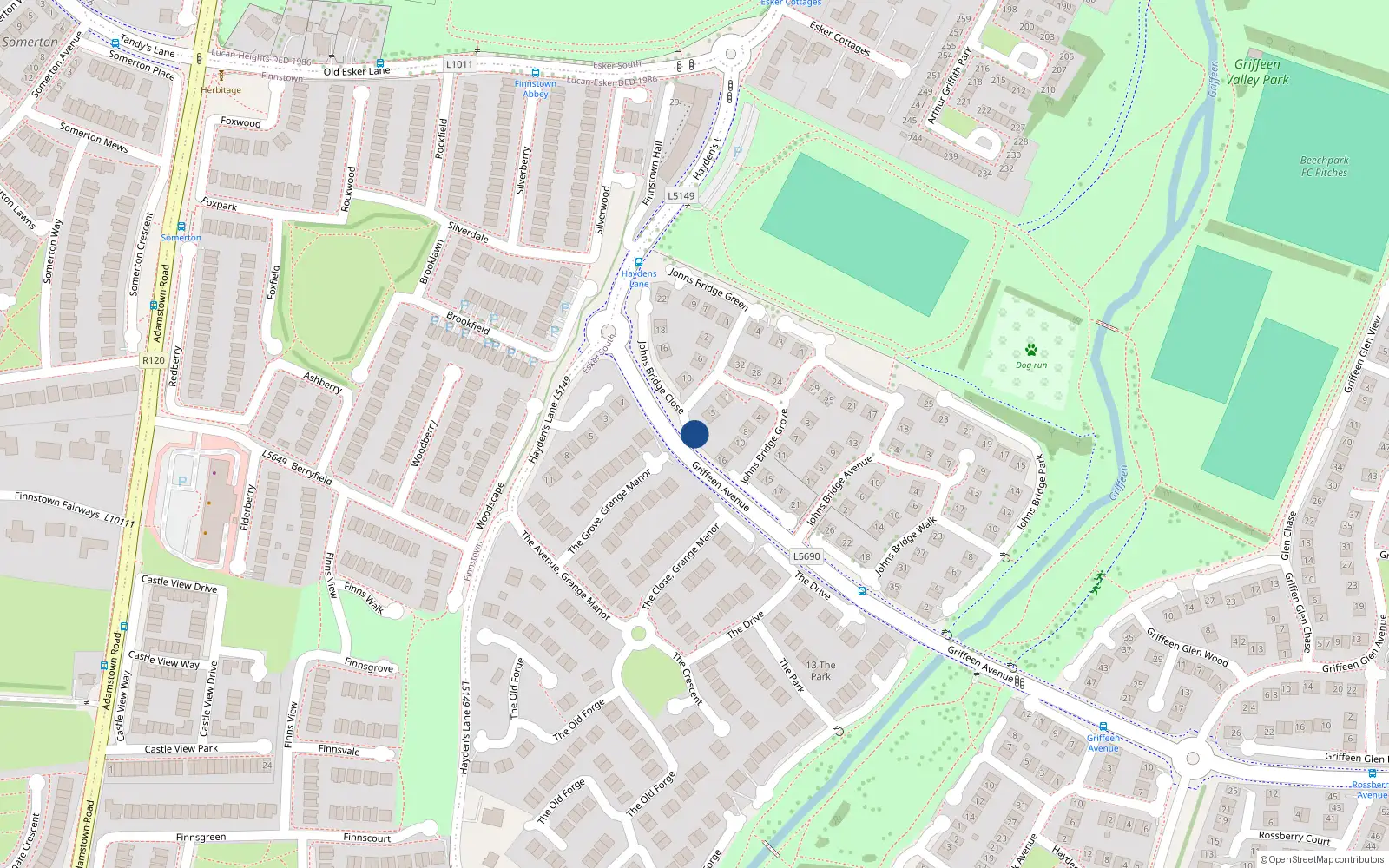 Overhead map showing the location of 9 Johnsbridge Close, Lucan