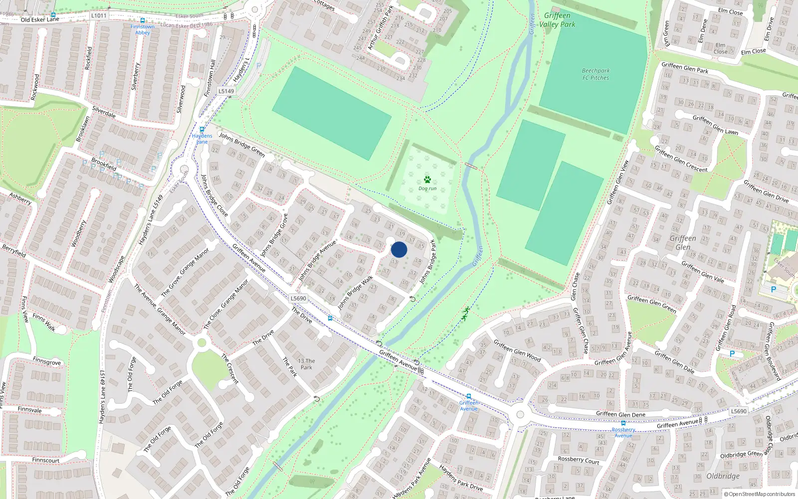 Overhead map showing the location of 9 Johnsbridge Walk, Lucan, Dublin