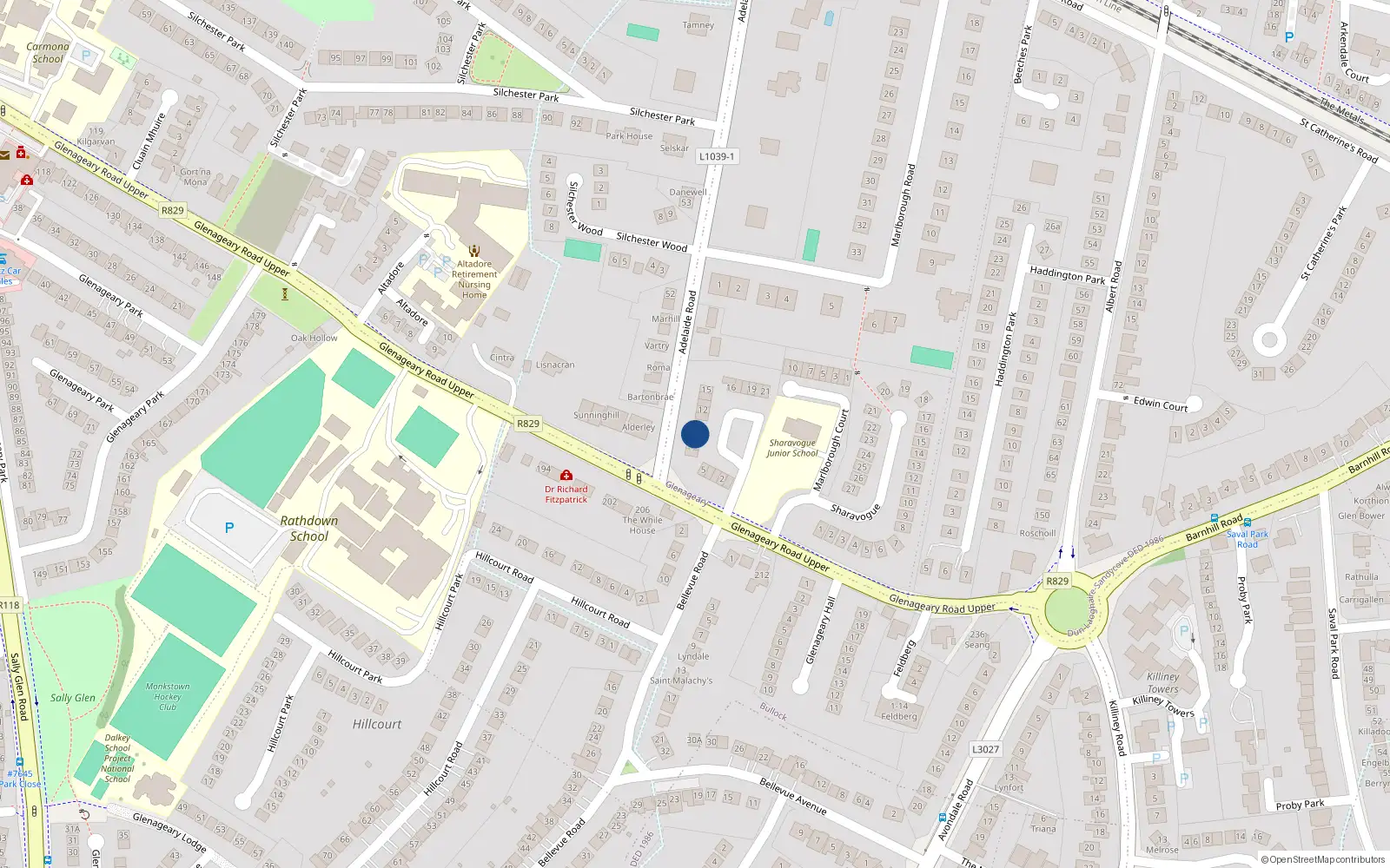 Overhead map showing the location of 9 Kilcolman Court, Dun Laoghaire
