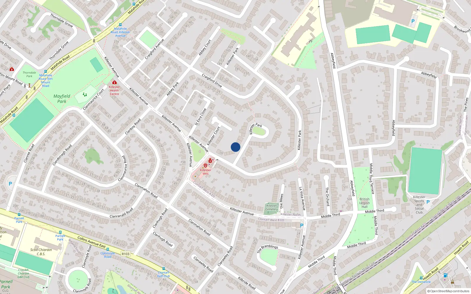 Overhead map showing the location of 9 Killester Park, Dublin 5