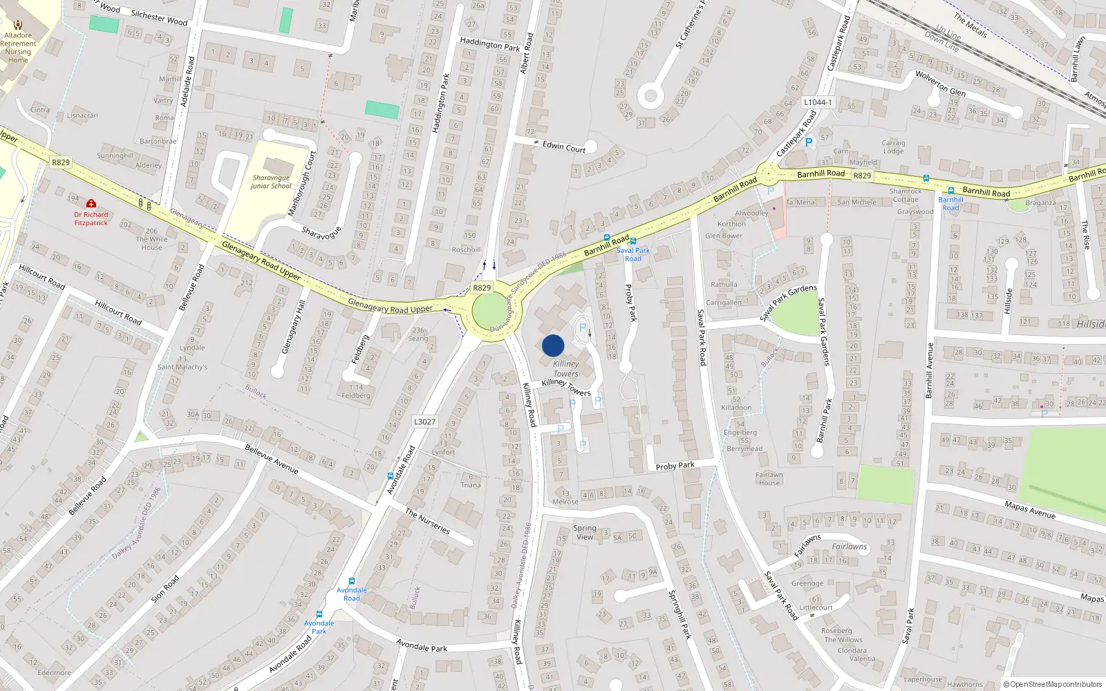Overhead map showing the location of 9 Killiney Towers, Killiney, Dublin