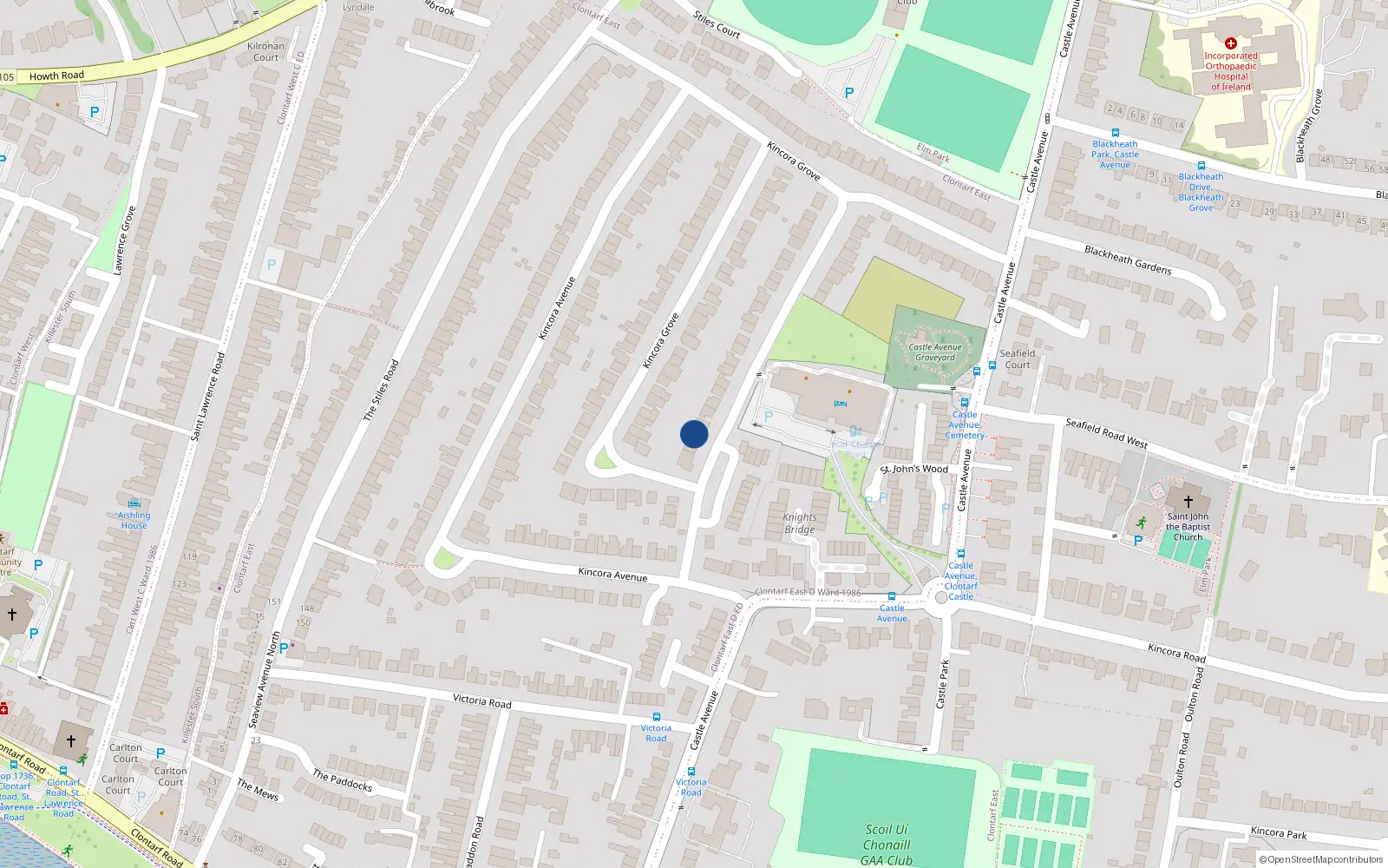 Overhead map showing the location of 9 Kincora Grove, Clontarf, Dublin 3