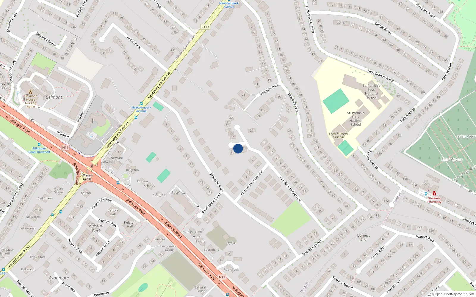 Overhead map showing the location of 9 Knocksinna, Knocksinna Wood, Blackrock