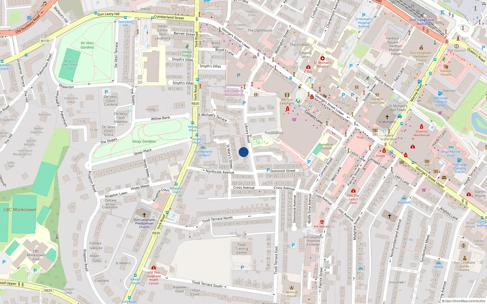 Overhead map showing the location of 9 Library Road, Dublin