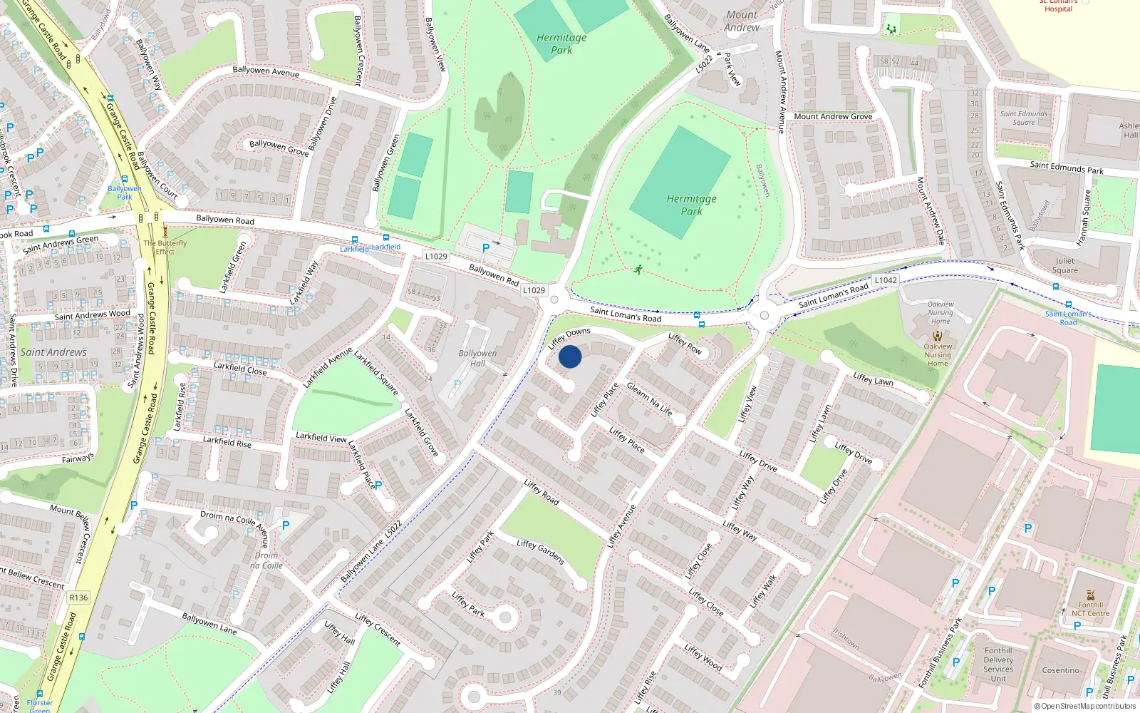 Overhead map showing the location of 9 Liffey Downs, Liffey Valley Park, Lucan