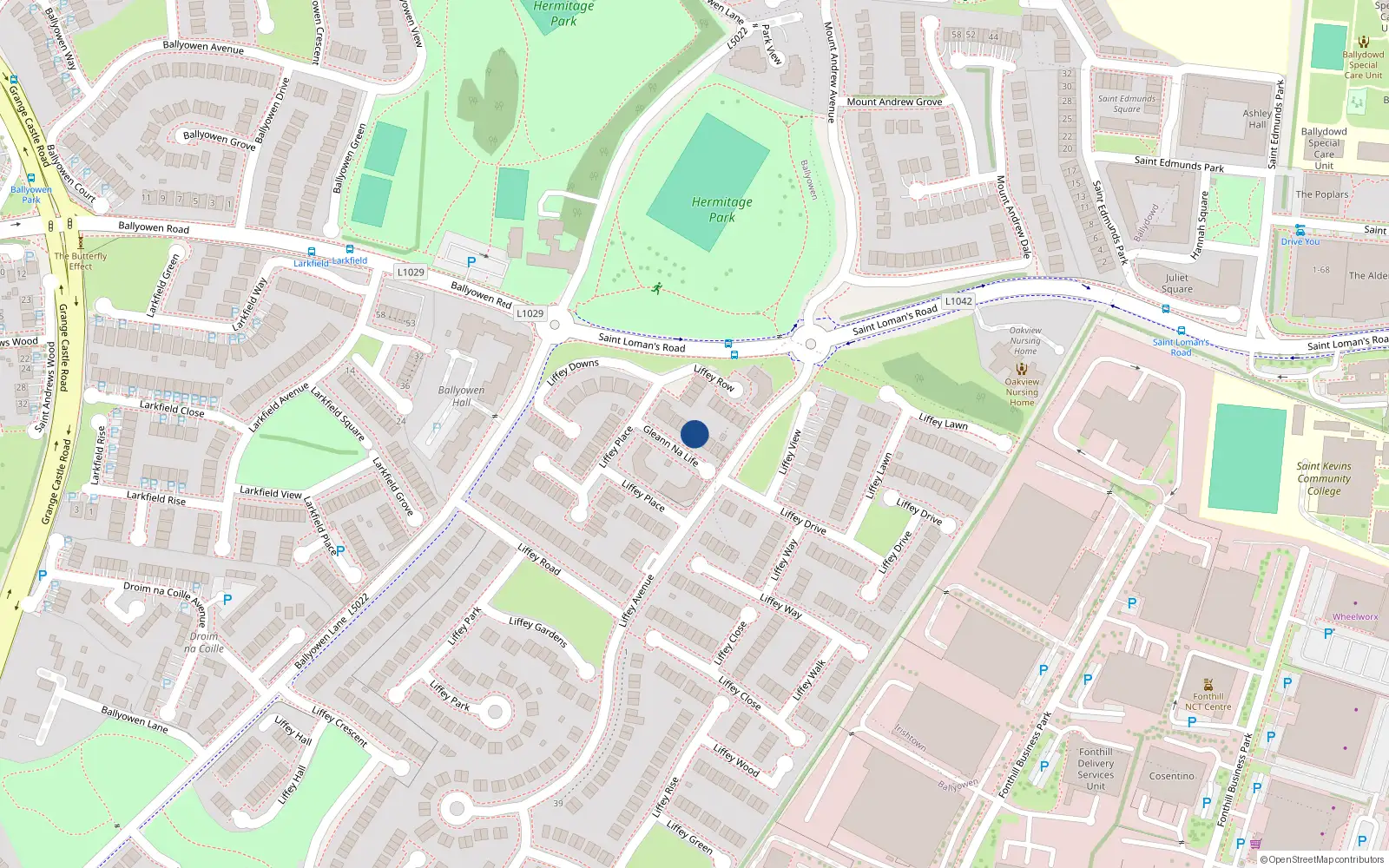 Overhead map showing the location of 9 Liffey Glen, Lucan