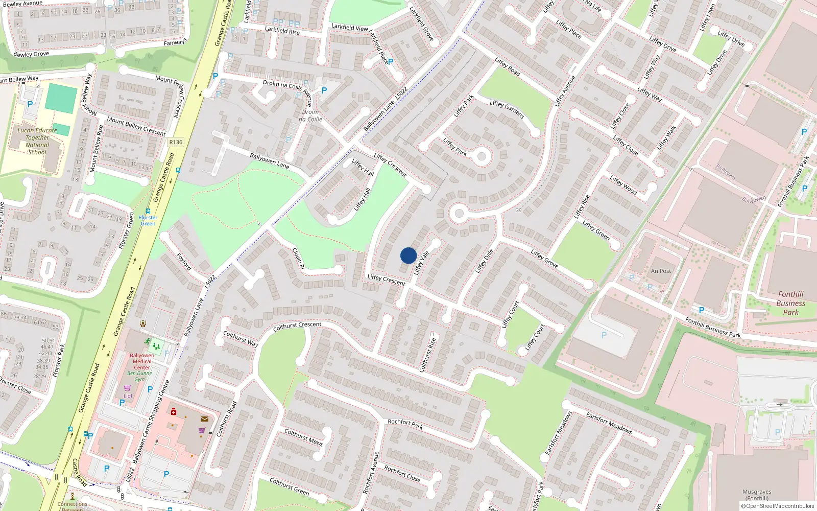Overhead map showing the location of 9 Liffey Vale, Liffey Valley Park, Lucan