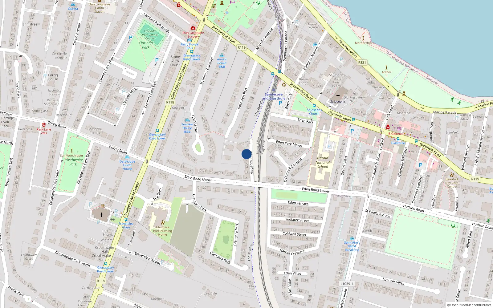 Overhead map showing the location of 9 Magenta Place, Glasthule, Dublin