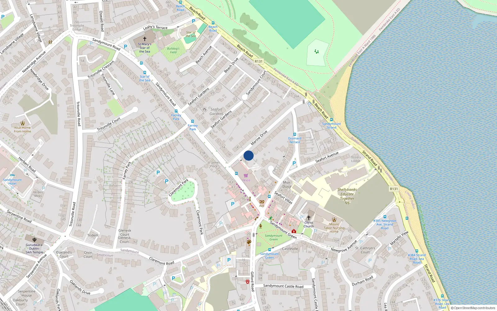 Overhead map showing the location of 9 Marine Drive, Sandymount