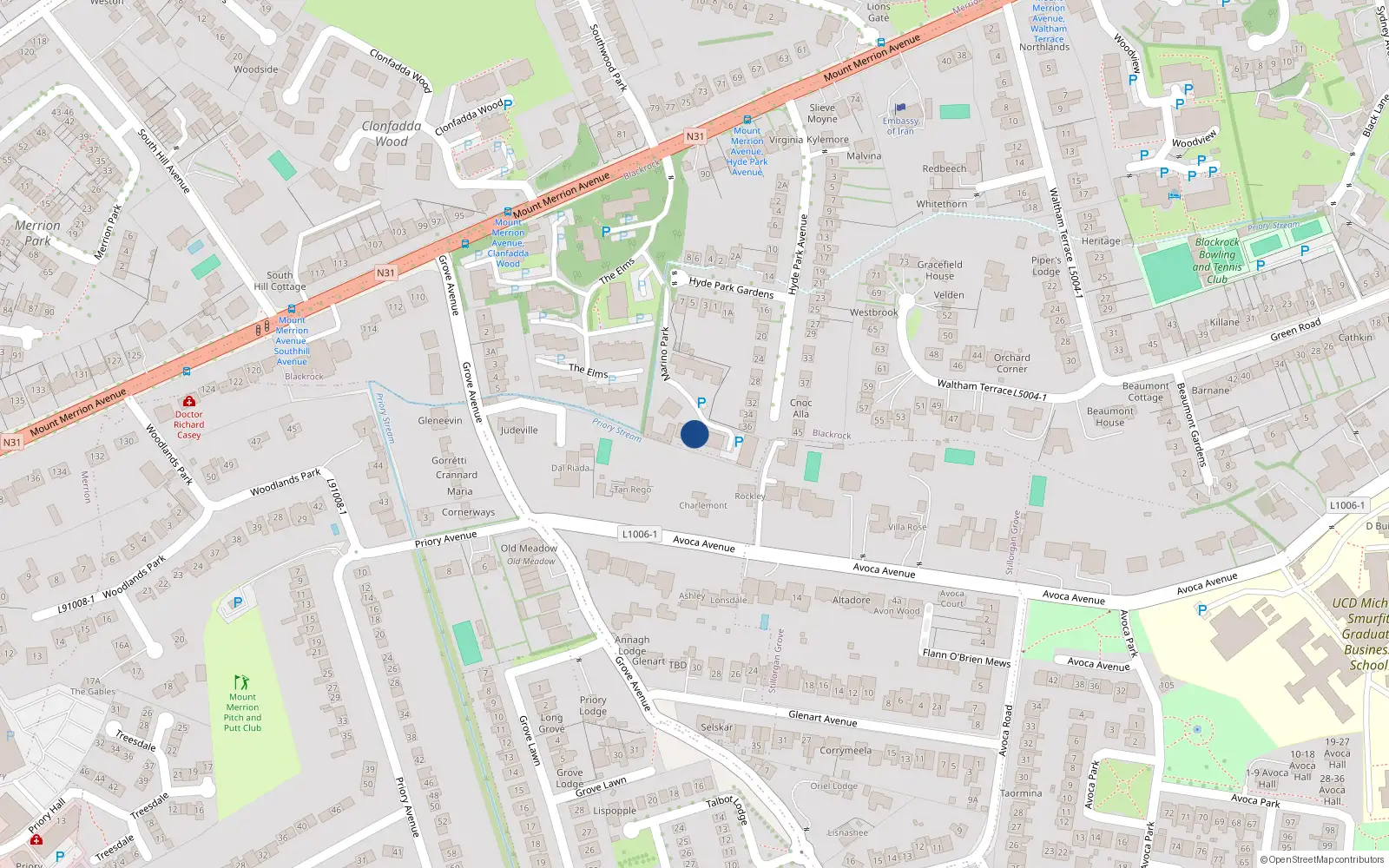 Overhead map showing the location of 9 Marino Park, Blackrock