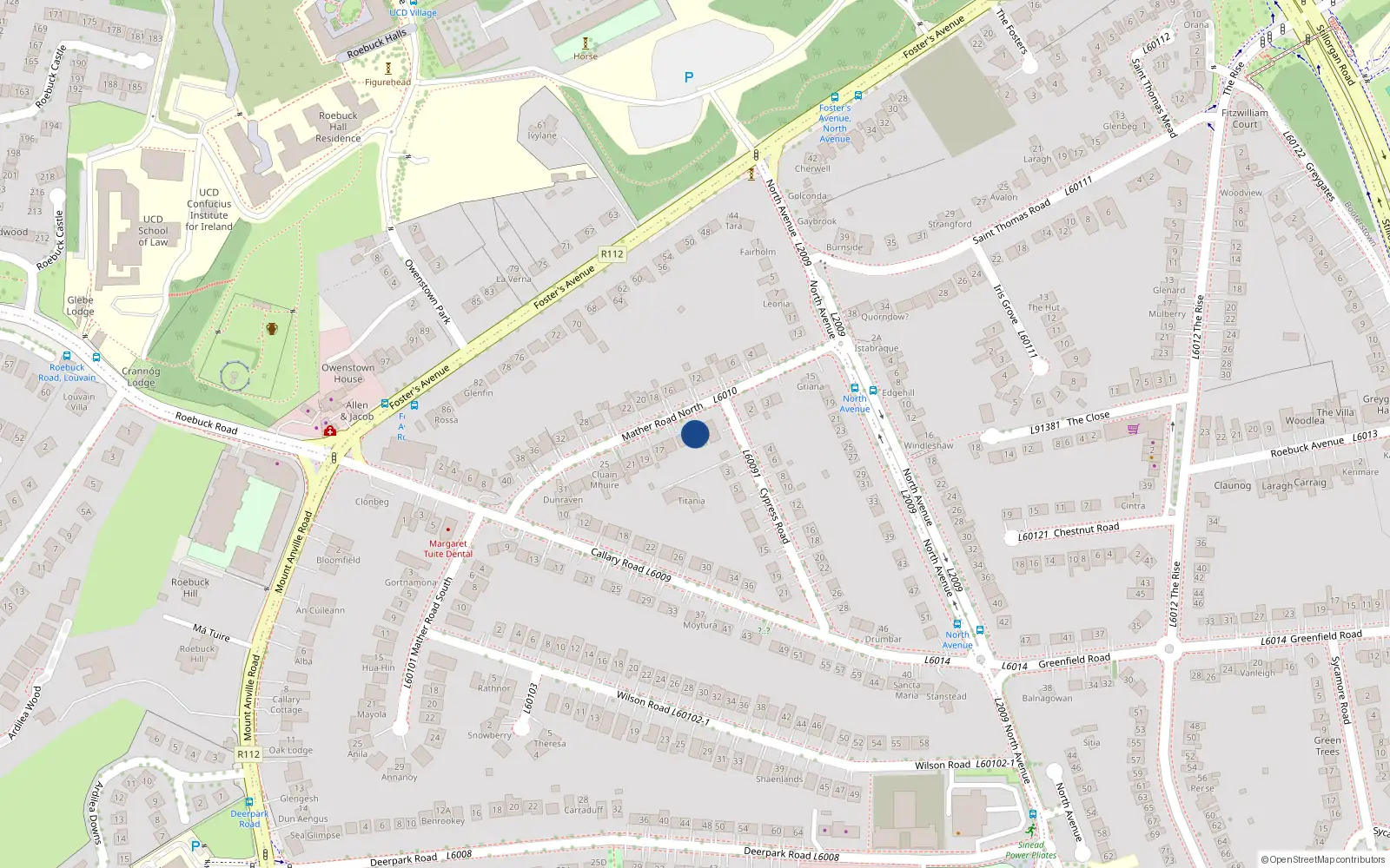 Overhead map showing the location of 9 Mather Road North, Mount Merrion, Dublin