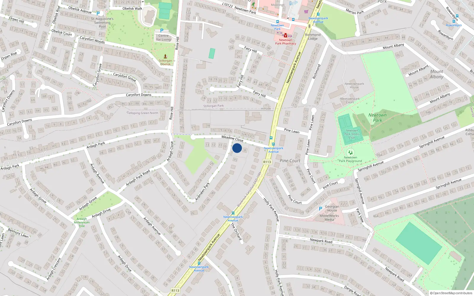 Overhead map showing the location of 9 Meadow Close, Blackrock