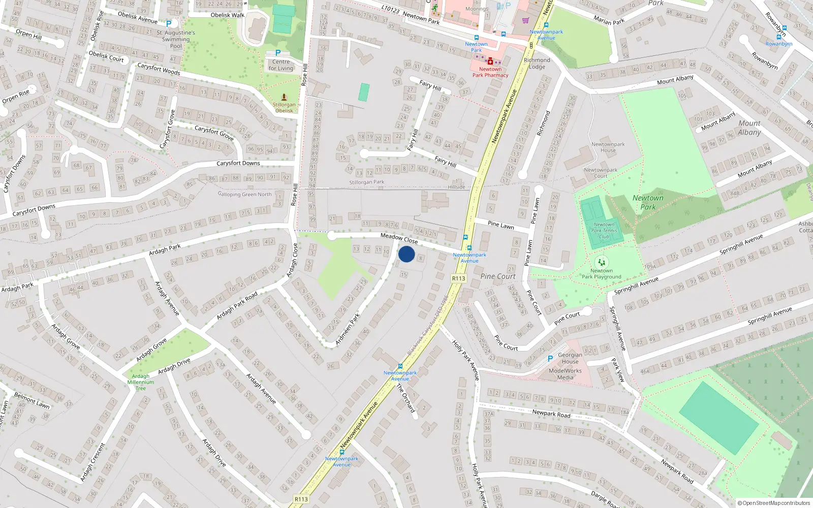 Overhead map showing the location of 9 Meadow Close, Off Newtown Park Avenue, Blackrock
