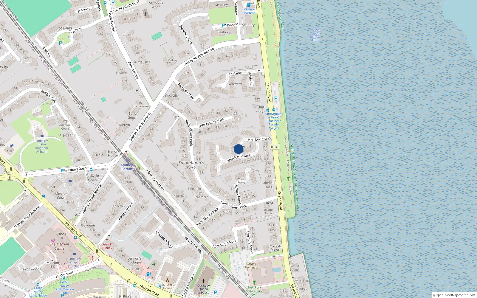 Overhead map showing the location of 9 Merrion Strand, Strand Road, Sandymount Dublin 4