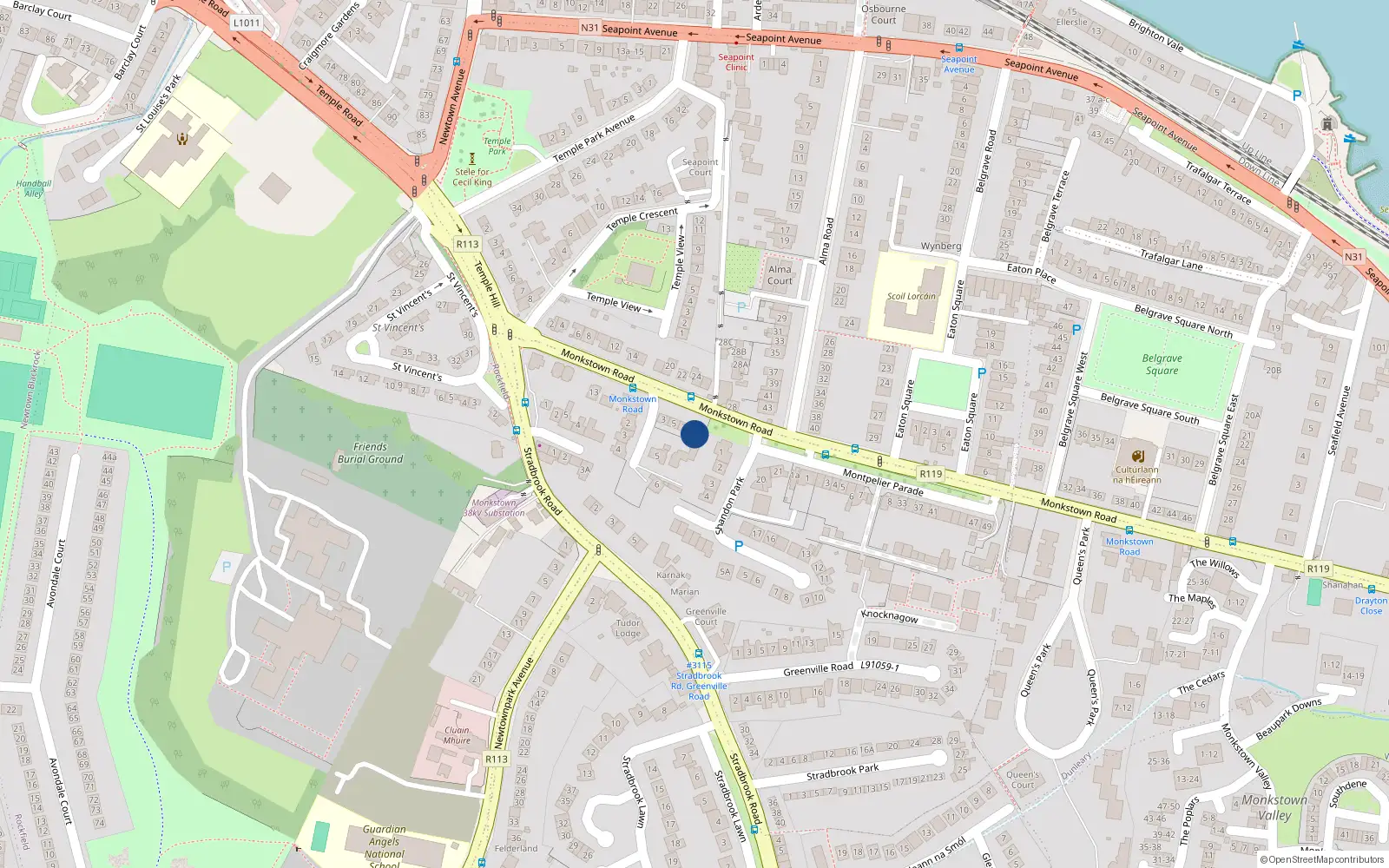 Overhead map showing the location of 9 Montpellier Terrace, Monkstown Road, Blackrock