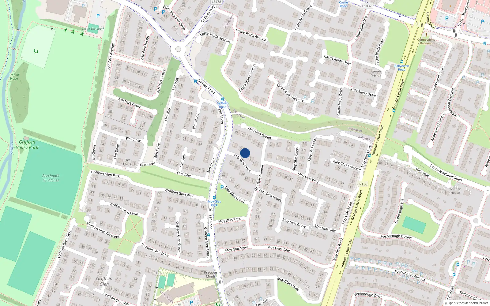 Overhead map showing the location of 9 Moy Glas Drive, Lucan