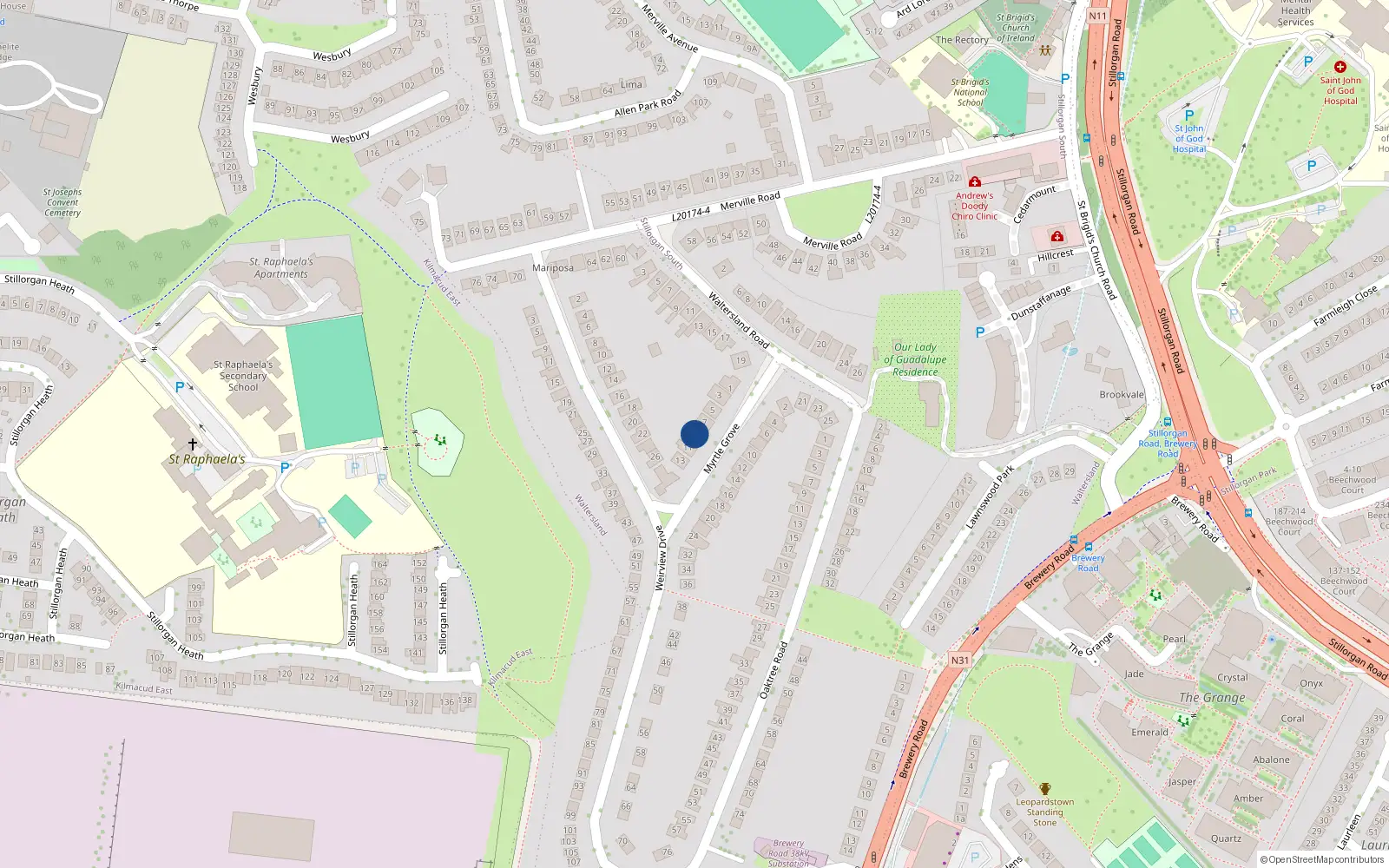 Overhead map showing the location of 9 Myrtle Grove, Dublin